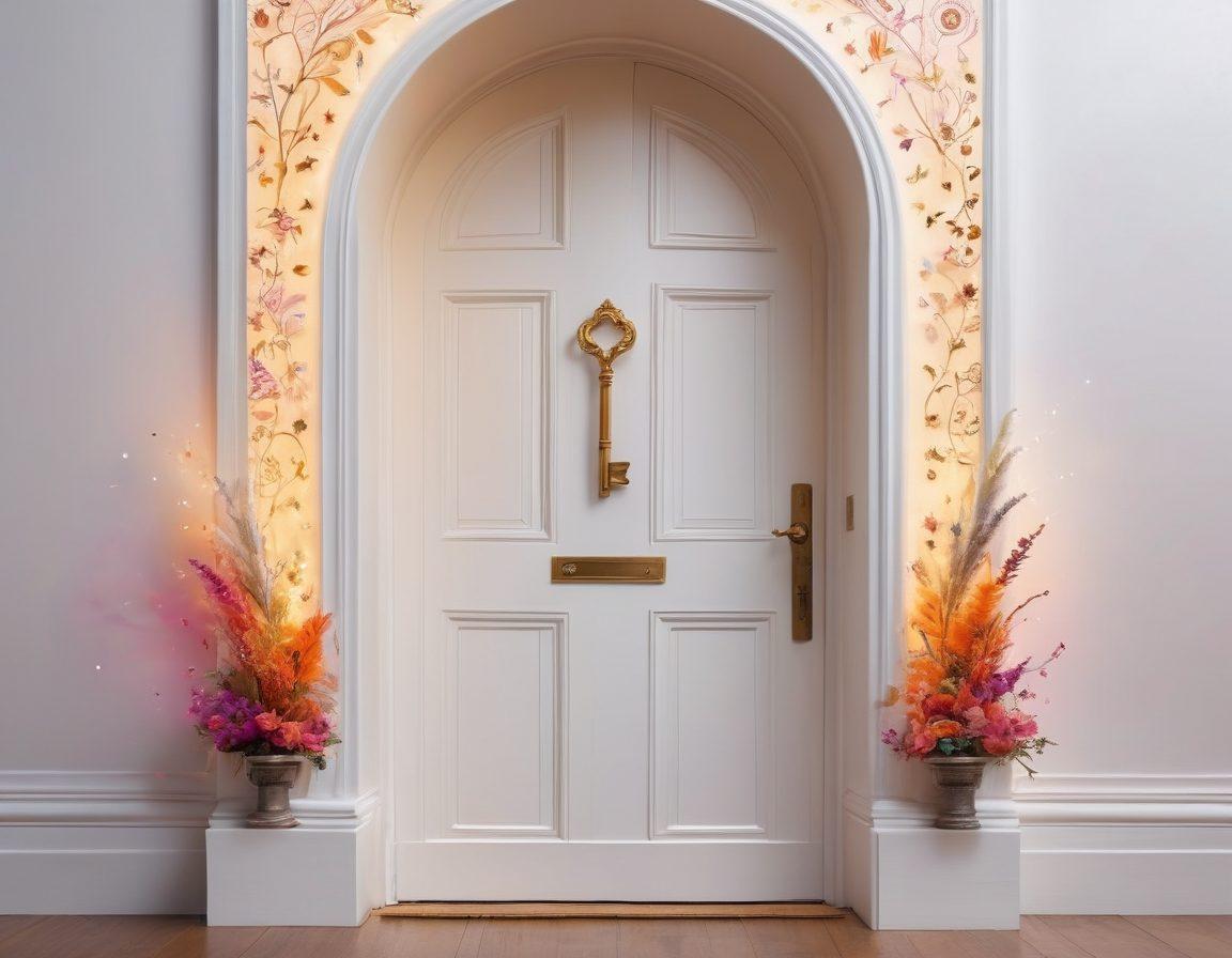 A visually engaging composition featuring a glowing key unlocking a colorful door adorned with artistic symbols like a paintbrush, a quill, and digital icons, representing creativity and storytelling. Surround the scene with a soft, ethereal glow and whimsical elements like floating pages and sparkling stars. The background should be a blend of vibrant colors to evoke inspiration. super-realistic. vibrant colors. white background.