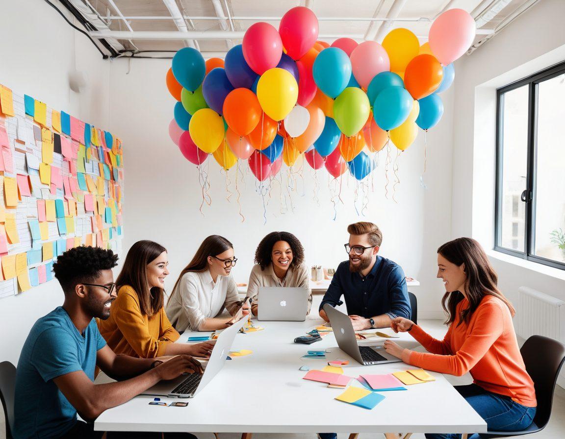 A diverse group of enthusiastic bloggers collaborating around a large table, surrounded by laptops and notepads, with vibrant sticky notes filling the walls, symbolizing creativity and community. In the background, social media icons float like balloons, representing various platforms. The scene should be bright and inviting, showcasing a mix of individuals sharing niche ideas, with a sense of teamwork and inspiration in the air. super-realistic. vibrant colors. white background.