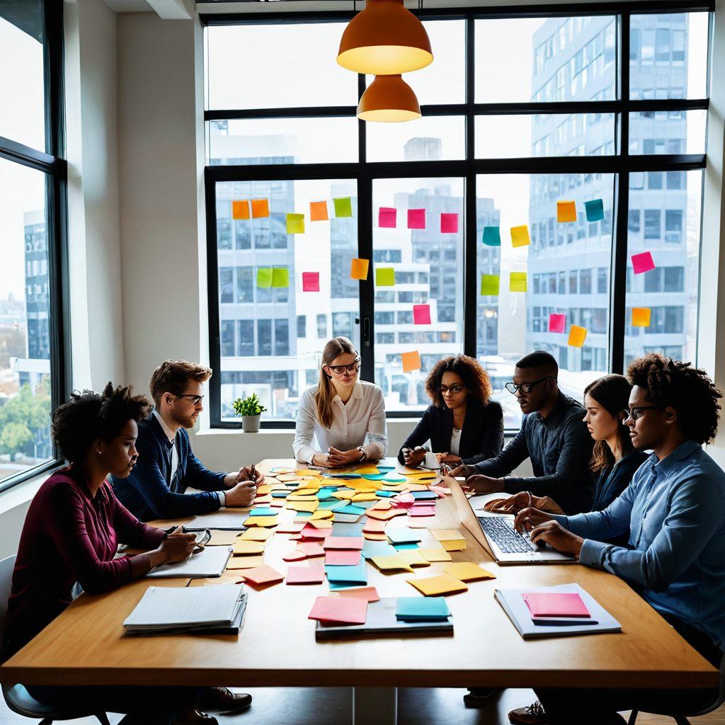 A dynamic scene illustrating a diverse group of individuals brainstorming around a large table filled with colorful notes and digital devices. The atmosphere is vibrant and creative, with lightbulbs symbolizing ideas glowing above their heads. The background features a window showing a beautiful sunrise, symbolizing new beginnings and potential. Emphasize creativity and collaboration, with a modern, open workspace aesthetic. super-realistic. vibrant colors. white background.